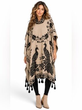 Unbranded – Poncho Cape – Peacock Floral Tassel Fringe Cowl Neck – Black Taupe –